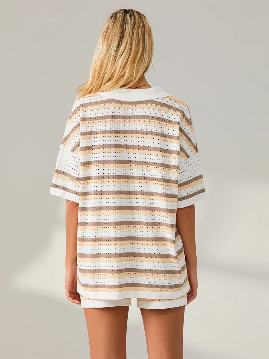 Women Pajamas Set 2 Pieces Loungewear Suits Summer Striped Contrast Color Button Crochet Knit Tops and Shorts Lounge Sets Beach