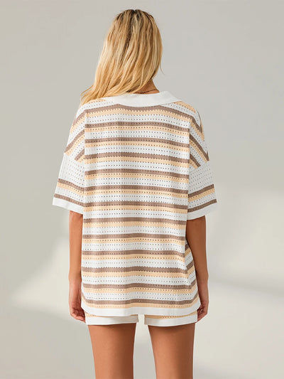 Women Pajamas Set 2 Pieces Loungewear Suits Summer Striped Contrast Color Button Crochet Knit Tops and Shorts Lounge Sets Beach