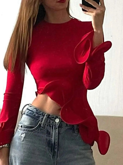 Sexy red ruffles crop top t shirt women birthday party