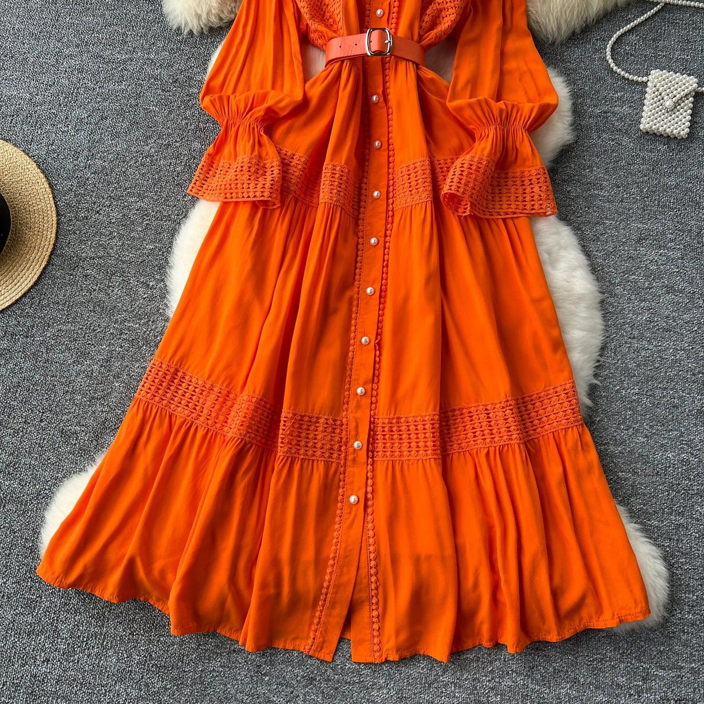 Retro Elegant Summer Stand Collar Flare Sleeve Single Breasted Lace Spliced Dress A-line French Evening Party Women Dresses