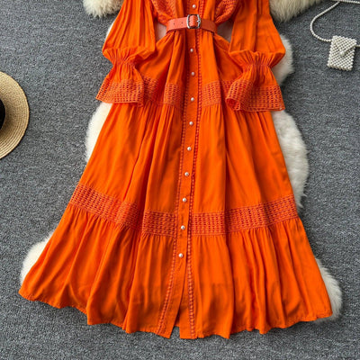 Retro Elegant Summer Stand Collar Flare Sleeve Single Breasted Lace Spliced Dress A-line French Evening Party Women Dresses