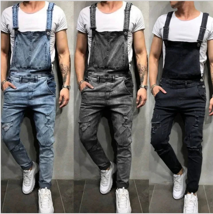 Men's Spring and Autumn Jeans, New Style Retro Casual All-match Ripped Dungarees, Fashionable High Street Trendy Brand Dungarees