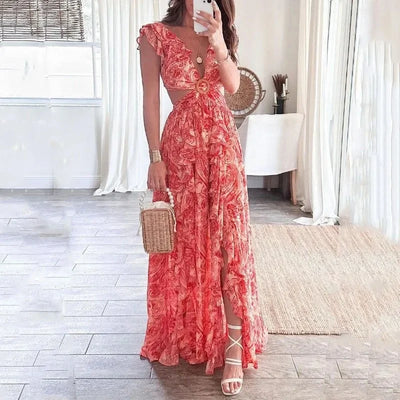 2025 Dress For Women Spring New Printed Deep V Sexy Exposed Waist Hollow Pleated Slit Long Dress Elegant Birthday Party Vestidos - Elanique
