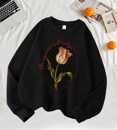 The Ancient Red Twlipws Design Women Sweatshirt Soft Warm Tops Fleece All-Match Pullover Crewneck Casual Sportswear For Woman