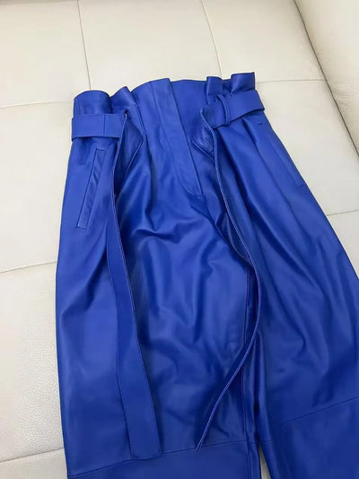 Stylish Genuine Leather Pants Women Sheepskin Bow Tie Lace High Waist Trousers Mujer Khaki/Green Straight Wide Leg Pantalon