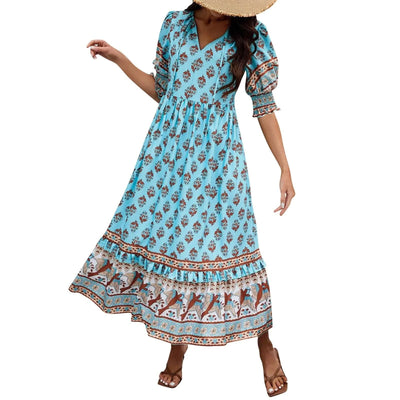dresses for women Fashion summer Casual long dresses Bohemian V-Neck Printed High Waisted Big Swing Dress vestidos cortos