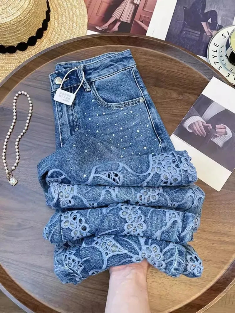 Summer Women Lace Floral Embroidery Wide Leg Denim Pants Spliced Loose Fit High Waist Hollow Out Jeans Streetwear Long Trousers