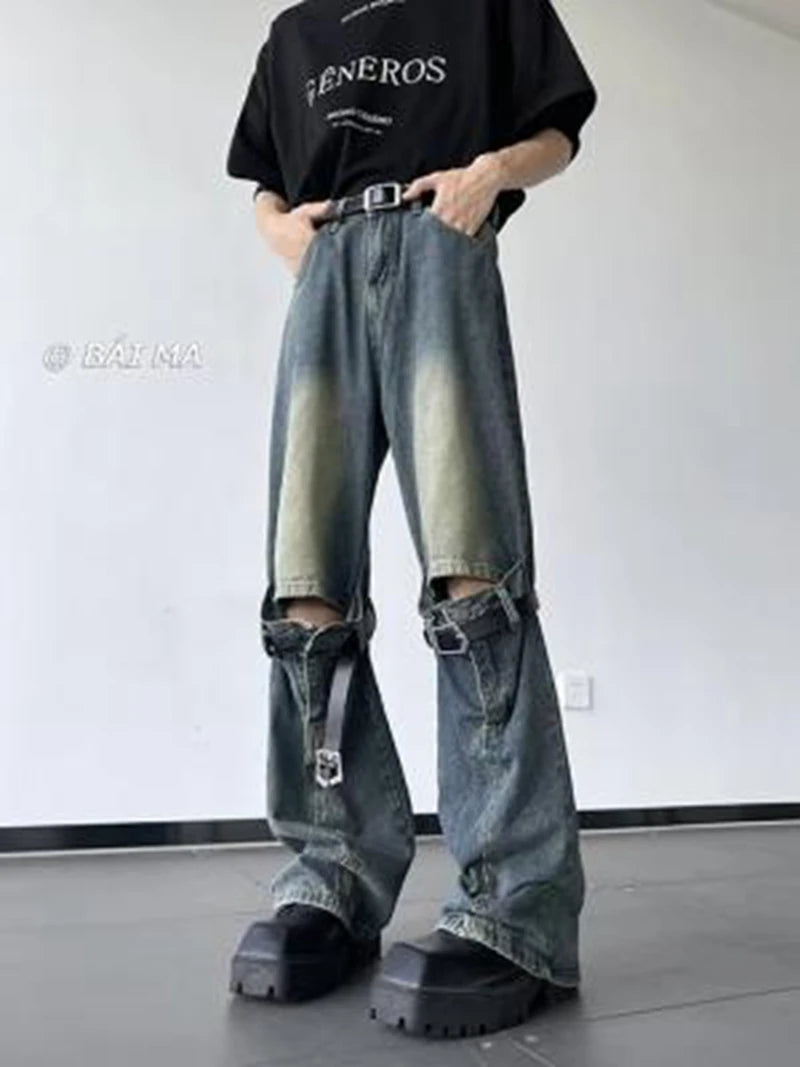 Men's Jeans Vintage Knee Destroyed Ripped Jeans streetwear Slim fit Pants beggar Hole Hip Hop denim trousers Men y2k jeans