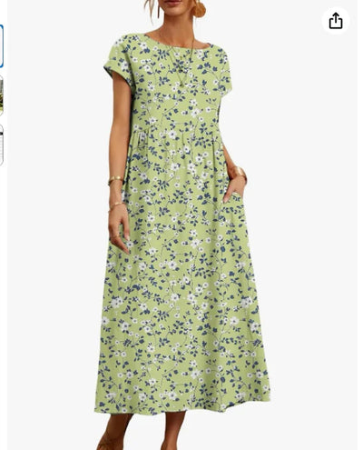 Women's Summer Dresses, Short Sleeves, Midi Casual Dresses with Pockets, Flowy T-Shirt Dresses, Floral Resort Beach Vest Dresses