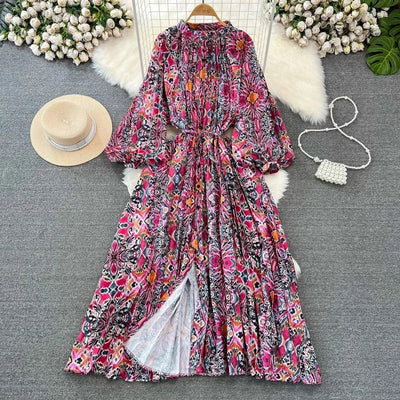 Retro Elegant Sashes O Neck Single Breasted Print Dresses Long Lantern Sleeves A-line Casual High Waist Women Autumn Clothing