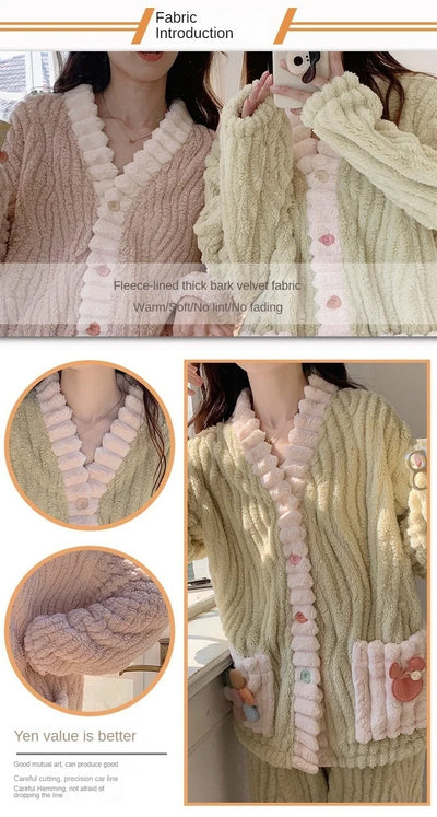 Thickened Warm Flannel Women Sleepwear Loungewear Cardigan Suit Winter Sweet Kawaii Soft Fairy Wind Ladies Pajamas Homewear