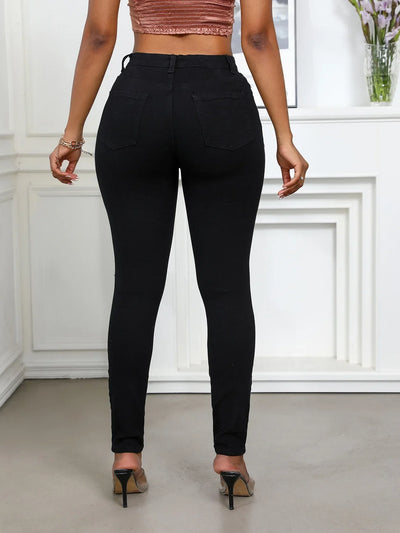Women's Spring and Fall Fashion Elastic Ripped Jeans Women Casual Close-fitting High-waisted Denim Small Leg Pants Pencil Pants
