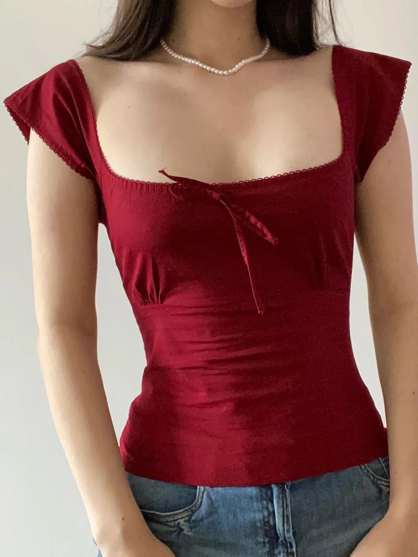 Fashion Solid Simple Sweet Women T-Shirts Short Sleeves Slim Square Neck Chic Bow Causal Basic Blouses