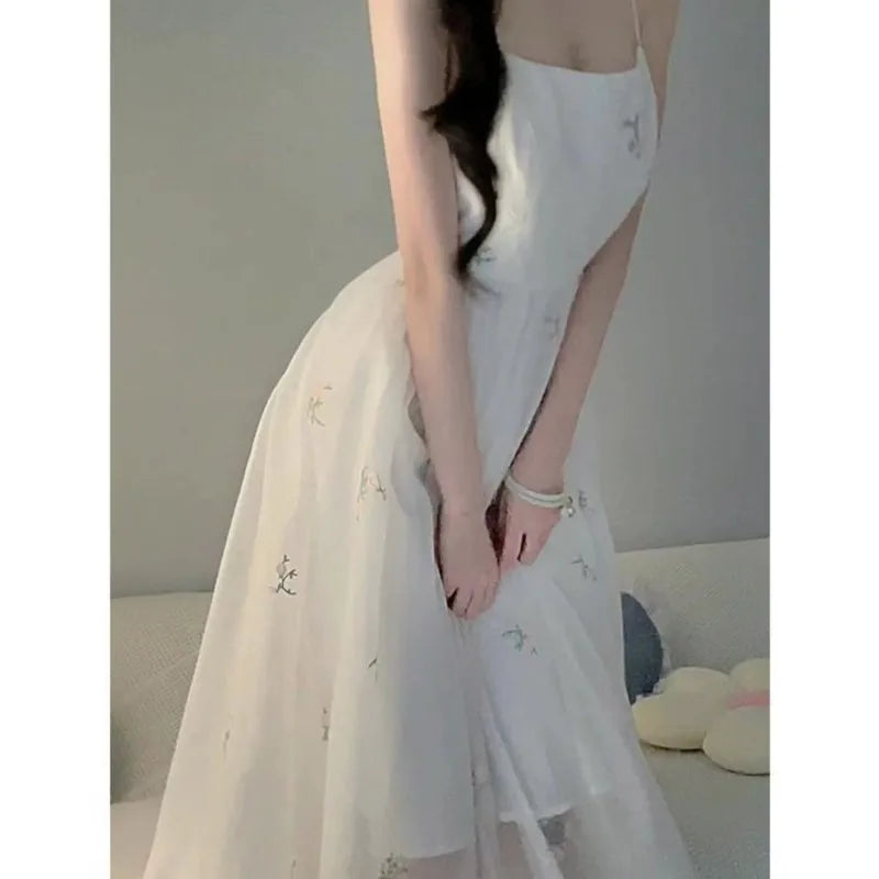 Dress Sets Summer Women Chinese Style Floral Hight Waist Mesh Midi Dresses Elegant Casual Gentle Wind Female Dress Vestidos