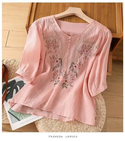 Cotton and Linen V-neck Embroidered Shirt for Women, Summer Thin Style Loose Medium Sleeves Small Shirt Top