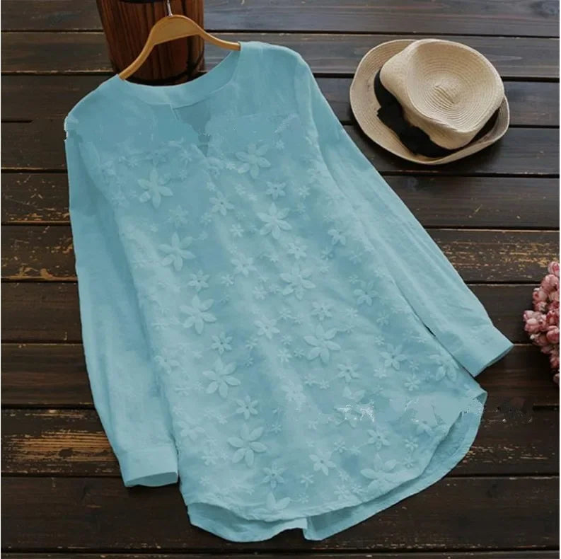Embroidery Lace Cotton Linen Casual Women Blouse Fashion Loose White Elegant Shirt Plus Size V Neck Tops Long Sleeve S-5XL