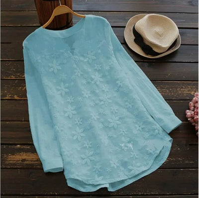 Embroidery Lace Cotton Linen Casual Women Blouse Fashion Loose White Elegant Shirt Plus Size V Neck Tops Long Sleeve S-5XL
