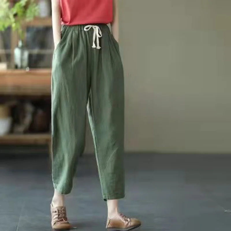 2024 Spring Summer Cotton Linen Pants Women Solid Color Casual Ankle-length Pant Woman Lace-up Waist Loose Trousers