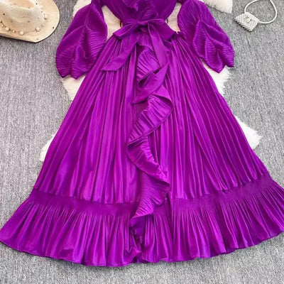 Women's V Neck Ruffles Splice Lantern Sleeve High Stretch Oversized Dresses Miyake Maxi Pleated 2025 Spring Long Party Clothing
