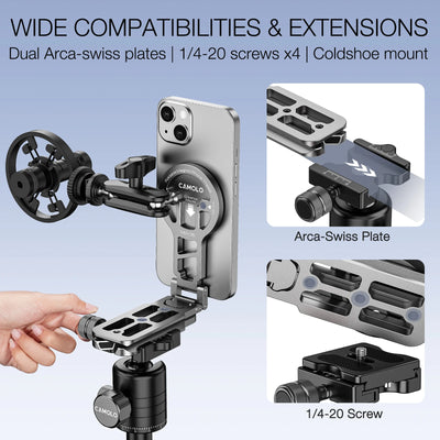 Magnetic Phone Holder Magsafe Tripod with Arca-Swiss Cold Shoe for Phone Vlog Foldable Desktop Phone Mount for Travel