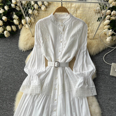Retro Elegant Summer Stand Collar Flare Sleeve Single Breasted Lace Spliced Dress A-line French Evening Party Women Dresses