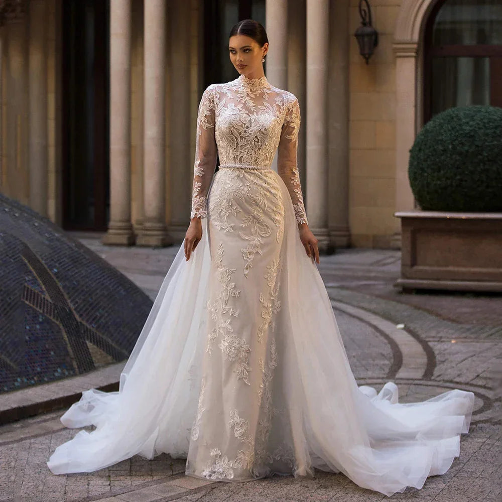 Woman Mermaid Wedding Dresses Vestido De Noiva Customized High Neck Full Sleeves Applique Detachable Train Bridal Gown