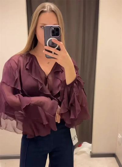 Ruffles Elegant Shirts & Blouses for Women 2025 Long Sleeve Semi-Transparent Tops For Women Spring Shirt And Blouse Top