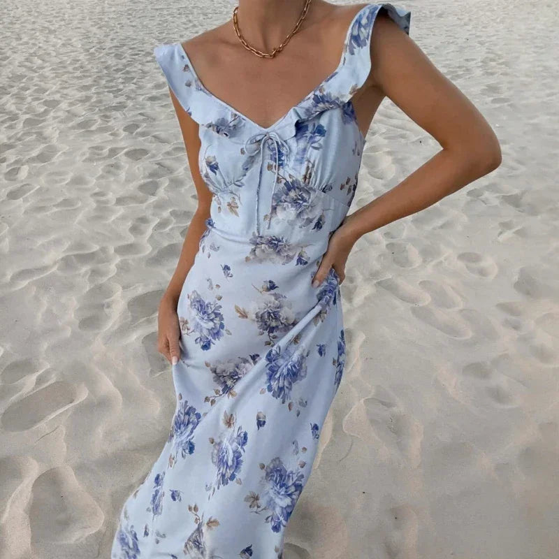 WhereMery Fashion Women Floral Printed Maxi Dresses Sexy Lady Off Shoulder Backless Ruffle Halter Dress Elegant Summer Vestidos