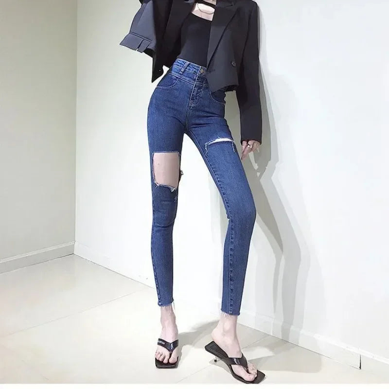 Skinny Pencil Slim Fit Women's Ripped Jeans 90s South Korea Cheap Summer Cowboy Pants for Woman Korean Fashion Xxl Torn Trousers