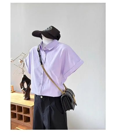 Women Clothing Summer Fashion Casual Button Solid Color Polo Collar Female Simplicity Temperament Appear Thin Short Sleeve Tops
