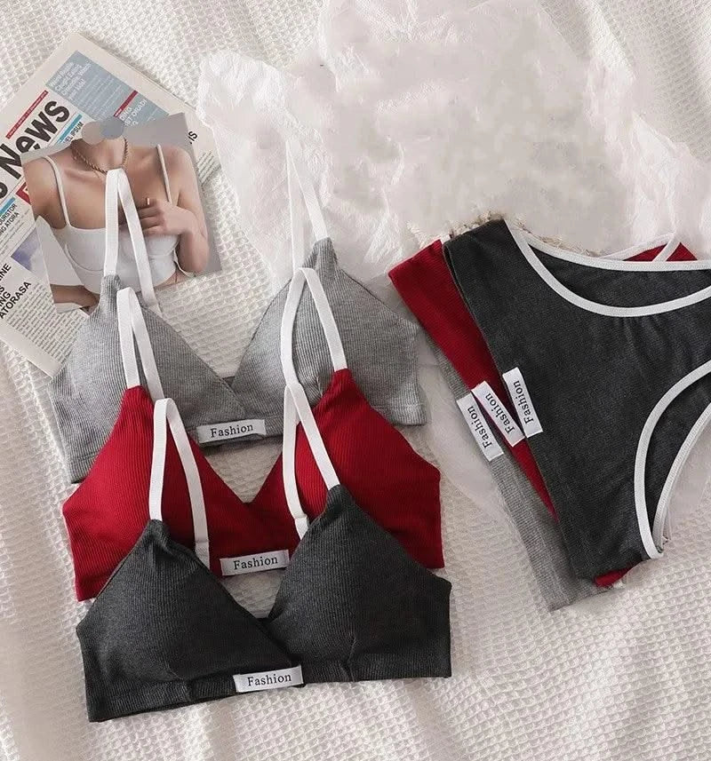 Women Cotton Bra And Panties Set Low Rise Briefs Panties Non-Wire Vneck Bras Sexy Lingerie Push Up Brassiere Female Underwear