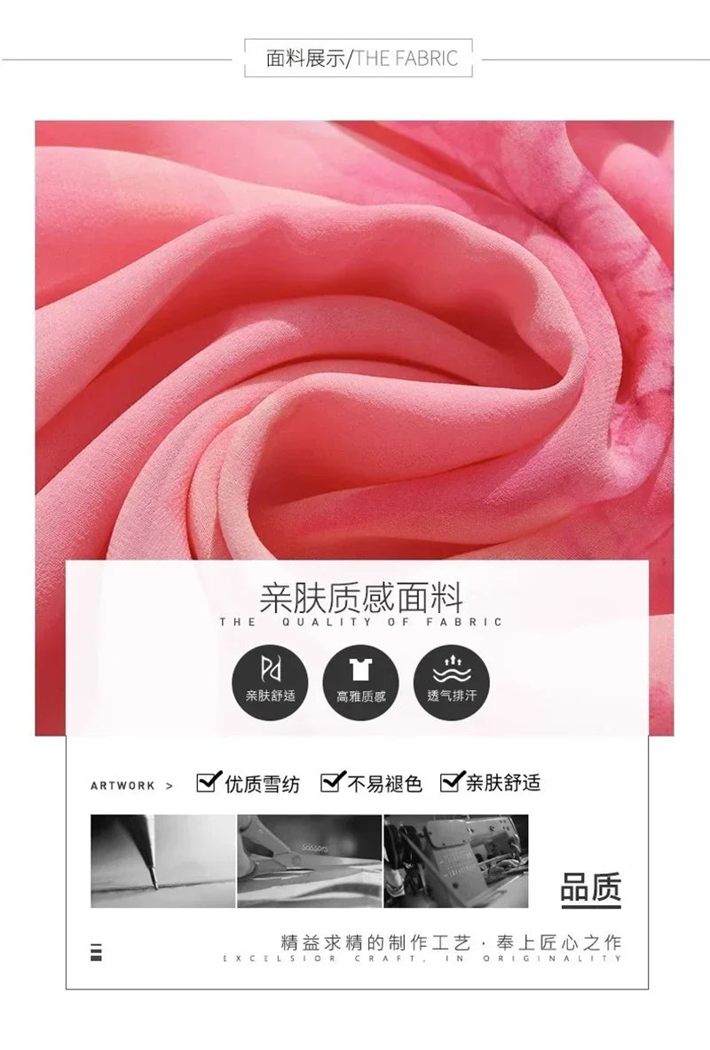 Women's Summer Dress 2025 New Fashion Printed Pink Chiffon Dress O-neck Short Sleeved Long Party Dresses Elegant Women Vestidos