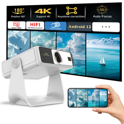 Portable Projector 4K Supported 1080P 8'' Touchscreen WiFi Bluetooth 180° Rotation USB HDMI Party UK EU US Plug Stunning Display