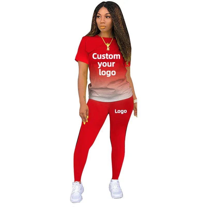 Two Piece Set Women Tracksuits Sets DIY Printed Personality Short Sleeve T shirts + Pants Sports Suit Custom your logo For Women