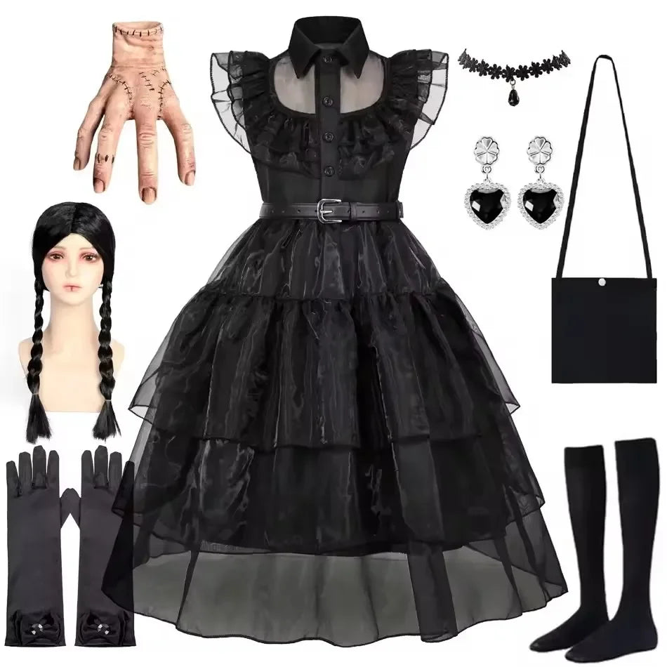 Black Dress Girls TV Series Role Playing Halloween Costume Toddler Adams Weirdo Family Cosplay Apparel