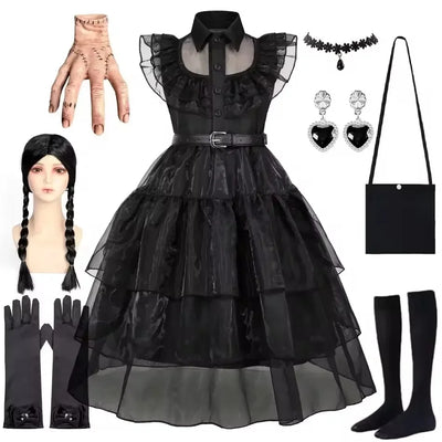 Black Dress Girls TV Series Role Playing Halloween Costume Toddler Adams Weirdo Family Cosplay Apparel