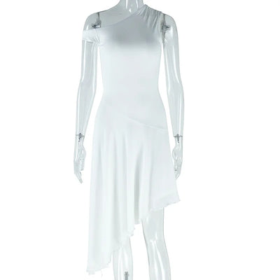 Women Sexy Dresses Summer 2025 Solid Color Sexy Slant Collar Midi Irregular Evening Dress Luxury Elegant Splicing Dress Vestidos