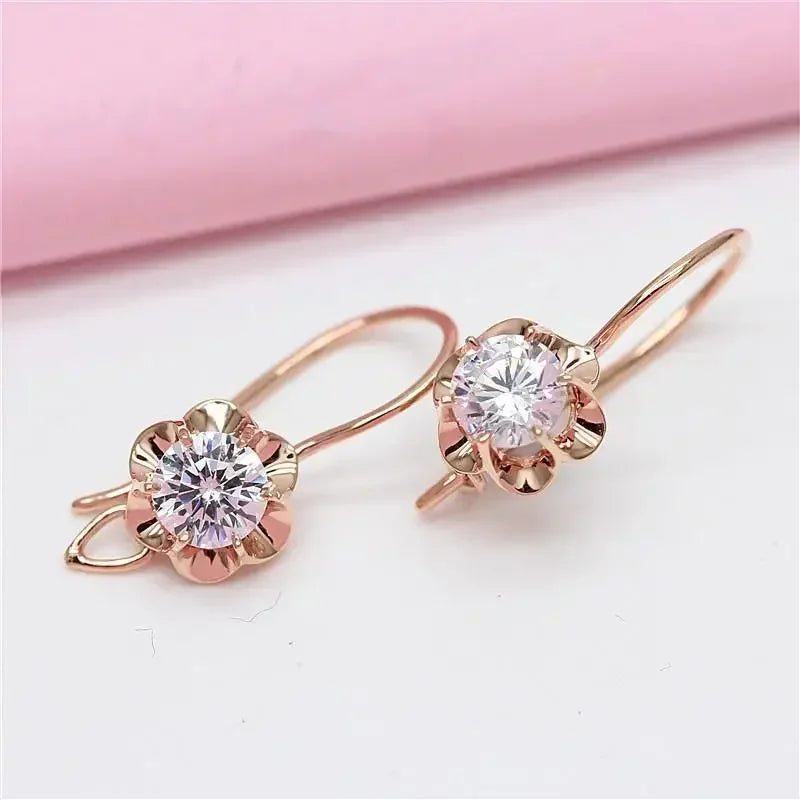 White Shiny Flower Jewelry Set Plated  Rose Gold Earrings for Women Charms Rings Necklace Elegant Light Luxury Necklaces