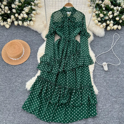 Dot Dress Women Long Dresses Print Chiffon Lace Up Flare Sleeve A Line Vestidos Streetwear Elegant Splice Y2k High Waist Party