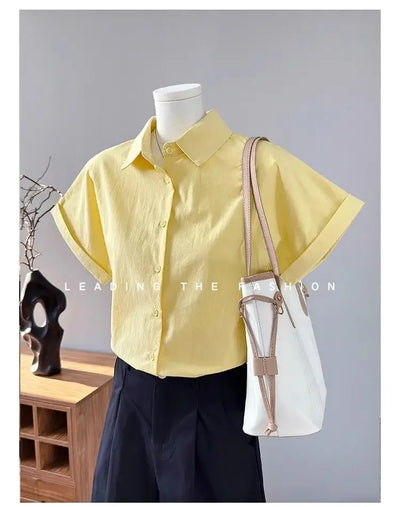 Women Clothing Summer Fashion Casual Button Solid Color Polo Collar Female Simplicity Temperament Appear Thin Short Sleeve Tops