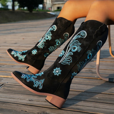 Women's Boots  New Embroidered Long Tube Boots Low Heel Calf Waterproof Cold Resistant Comfort Fashion Knight Boots