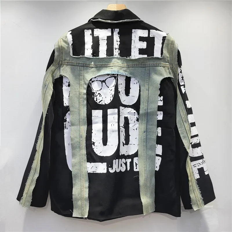 YEAE Women's Blazer Unique Design Patchwork Denim Letters Graffiti Female Black Suit Jackets 2025 New Fashion Spring