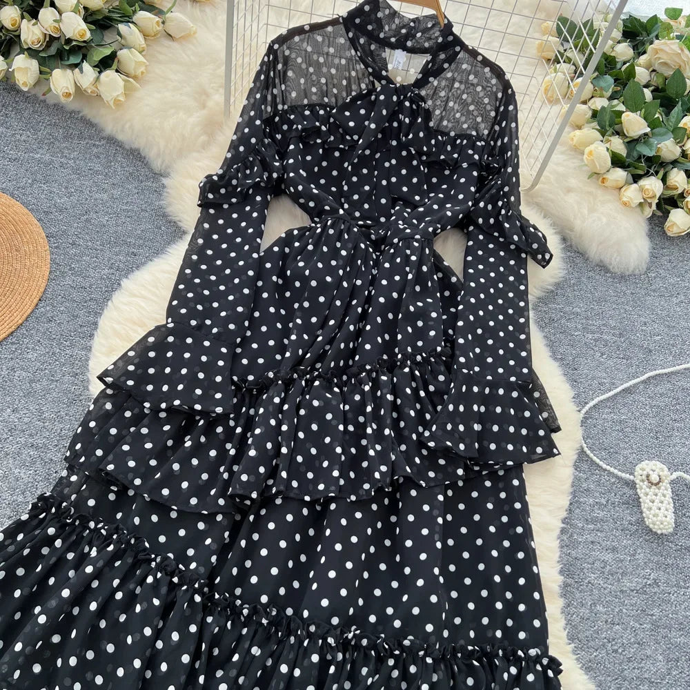 Dot Dress Women Long Dresses Print Chiffon Lace Up Flare Sleeve A Line Vestidos Streetwear Elegant Splice Y2k High Waist Party