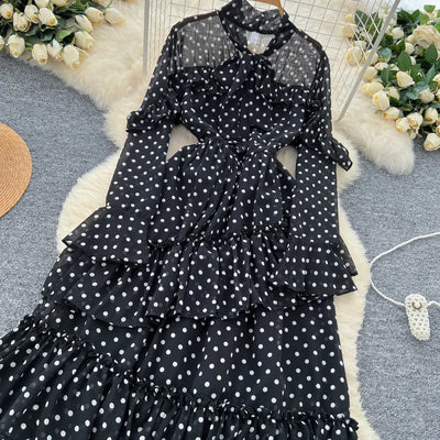 Dot Dress Women Long Dresses Print Chiffon Lace Up Flare Sleeve A Line Vestidos Streetwear Elegant Splice Y2k High Waist Party