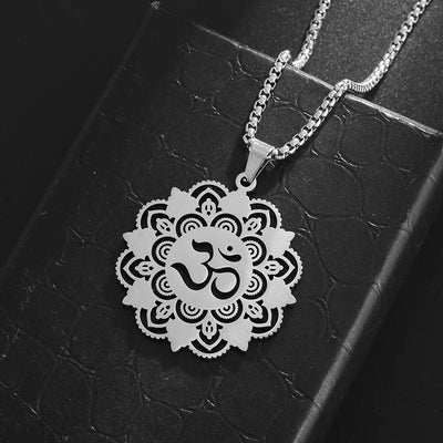 Stainless Steel Indian Religious Mandala Lotus Symbol Pendant Necklace Men Women Yoga Om Casual Jewelry