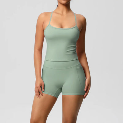 2PCS Sportswear With Pocketed Yoga Set Gym Clothes Yoga Suits For Women Tracksuits Sports Shorts Crossover Bra Gym Leggings