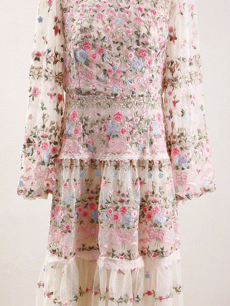 QMQA Fashion Women's Embroidery Dresses Round Neck High Waist Bow Mesh Spliced Long Sleeve Elegant Dress Female 2024 1A102