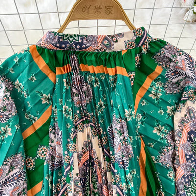 Retro Elegant Sashes O Neck Single Breasted Print Dresses Long Lantern Sleeves A-line Casual High Waist Women Autumn Clothing