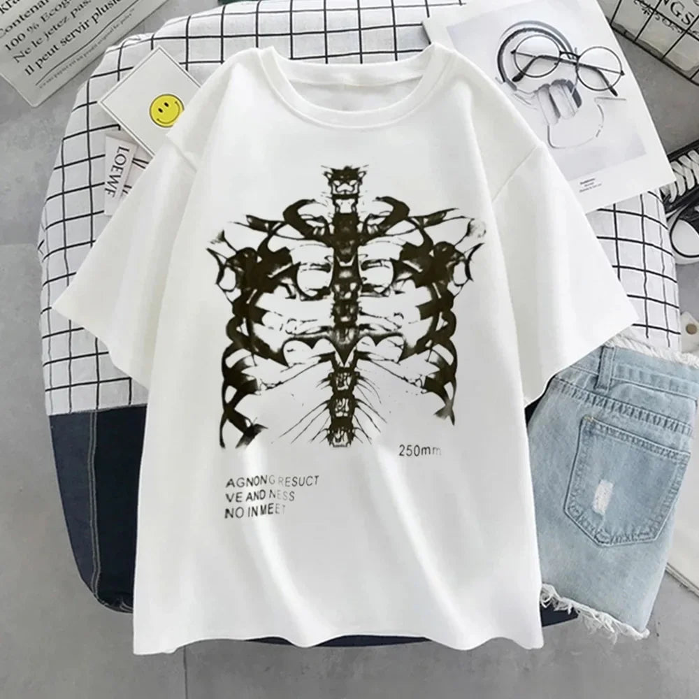 Oversized T-shirt Women Female T-shirt Dark Skull Bones Heart and Lung Print Short Sleeve Streetwear Harajuku Top Woman Clothes