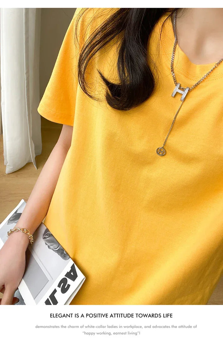 Women T-shirts 2025 Tops Solid Short Sleeve Loose O-neck  Cotton Casual Ladies Shirts Harajuku Korean Summer Woman Tshirts